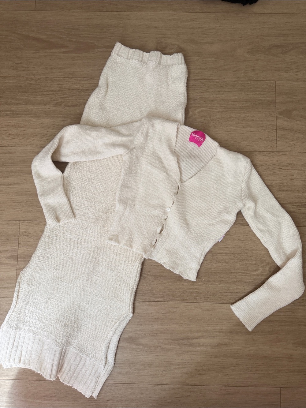 Maison Cleo French Cream Knit Two-Piece Set - Cropped Cardigan & Midi Skirt
